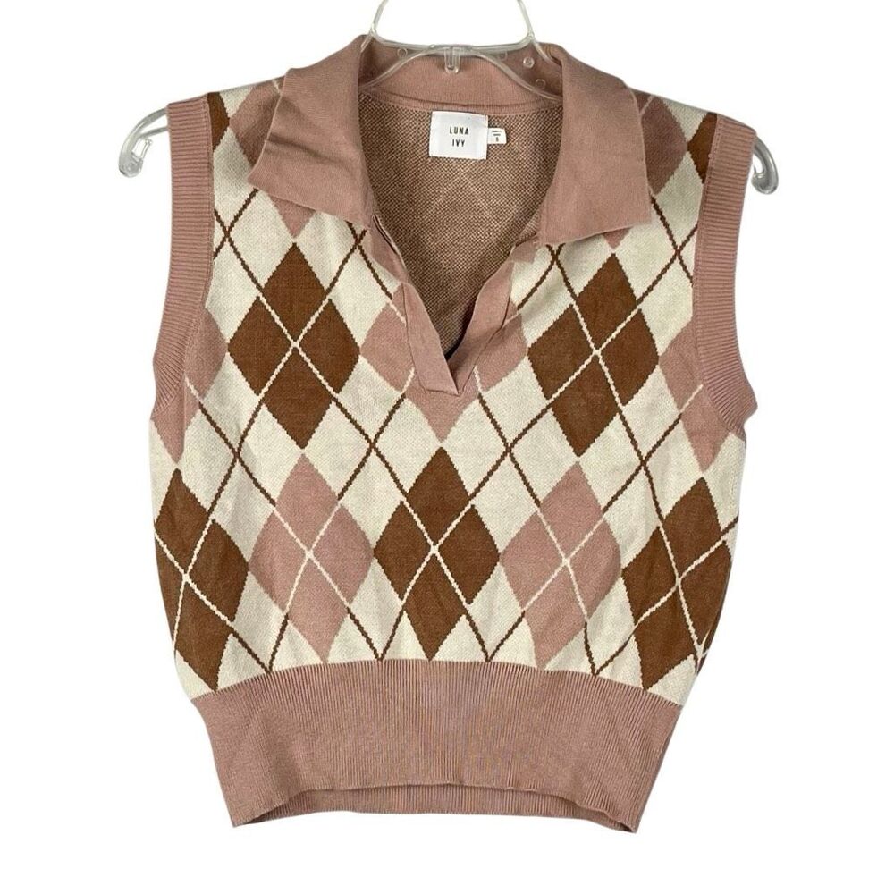 Luna Ivy Retro Argyle Polo Pattern Knit Sweater Vest Small